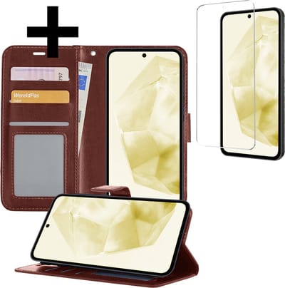 Hoesje - Met Screenprotector - Geschikt voor Samsung Galaxy A35 - Luxe Pasjeshouder - Bookcase Portemonee - Flip Case - Kunstleer Book Case - Flipcase - Book Cover - Walletcase - Portemonneehoes - Telefoonhoesjes - Bruin