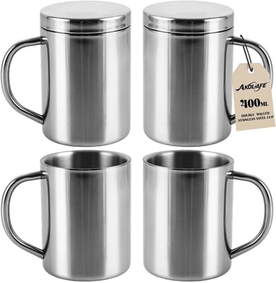 Set van 4 Dubbelwandige Thermokoffiemokken met Handvat, Ideaal voor Camping, Reizen en Kantoor - 400 ml Roestvrijstalen Isolatiebekers