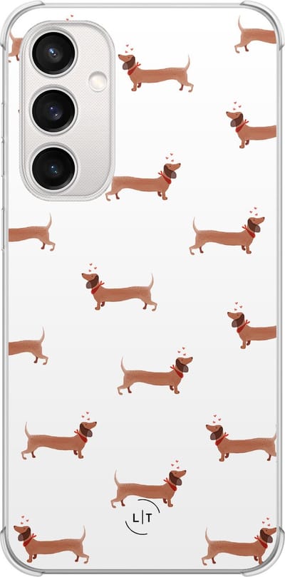 Shockproof hoesje - Geschikt voor Samsung Galaxy S23 FE - Teckels - Extra sterke case - TPU/polycarbonaat - Print / Illustratie - Bruin, Transparant