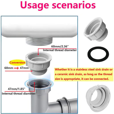 Dailygoods - Adapter voor Sifons - Verloopstuk voor Wastafel - Wit - 60 mm naar 47 mm - Eenvoudige installatie - Geschikt voor keuken en badkamer