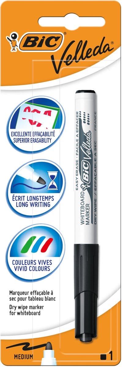 BIC Velleda 1741 Whiteboard Marker voor Droogwisborden - Middelgrote Kogelpunt, Zwart, Doos van 1