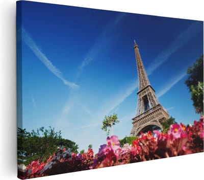 Artaza Canvas Schilderij Parijs - 30x20 cm - Klein - Wanddecoratie Eiffeltoren - Muurdecoratie Bloemen - Kamer Accessoires Frankrijk