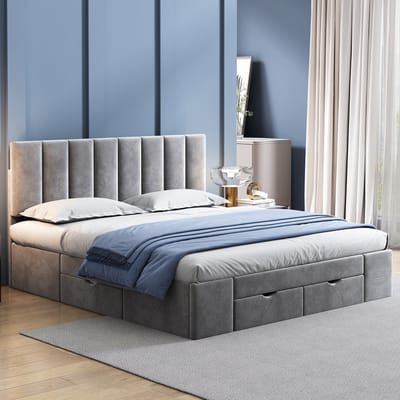 Polsterbed 160 x 200 cm - fluwelen kussens - met latwerk rugleuning - 4 laden - grijs