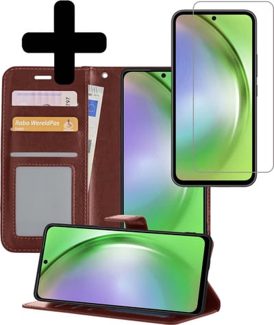 Hoesje - Met Screenprotector - Geschikt voor Samsung Galaxy A54 - Luxe Pasjeshouder - Bookcase Portemonee - Flip Case - Kunstleer Book Case - Flipcase - Book Cover - Walletcase - Portemonneehoes - Telefoonhoesjes - Bruin