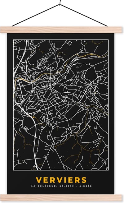 Posterhanger incl. Poster 40x60 cm - Schoolplaat - Kaart - Verviers - Stadskaart - Plattegrond - Goud - Textielposter - Blanke latten - Stadskaart
