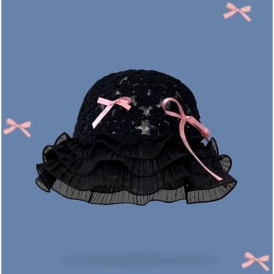 Chapeau de pêcheur à pompon creux tricoté pour femme Protection solaire visage Petit chapeau cloche en dentelle Chapeau japonais pour grosse tête Tendance one size fits all black