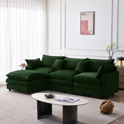 FloraGrace Hoekbank 3-Zits Met Chaise Longue En Hocker - Modulair Comfort Voor Woonkamer En Kleine Ruimtes - Chenille - Groen