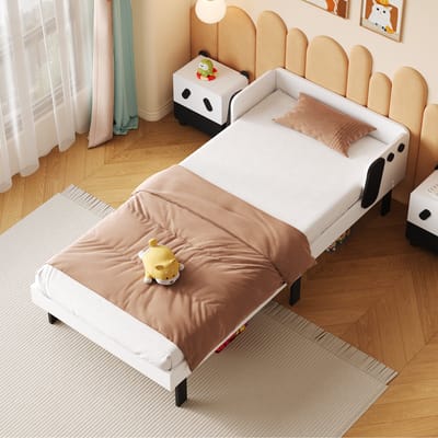 Eenpersoonsbed 90 x 200 cm, schattig kinderbed in de vorm van een hond, houten kinderbed met 15 lattenbodems, stevig bed, zonder matras