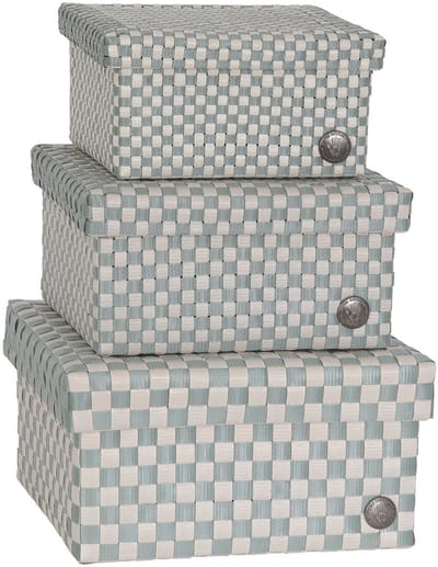 SET van 3 Opbergbox lichtgroen geruit patroon met deksel – stevige kunststof mand – decoratieve opbergdoos voor woonkamer, slaapkamer en kantoor - Handed By Cube Basket Basket size small, medium and large set 3