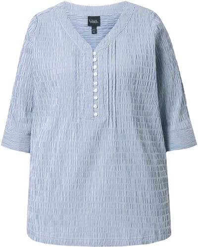 Ulla Popken - Dames - Tuniek strepen biesjes bubble-structuur 3/4-mouwen - Marine - Maat 46+