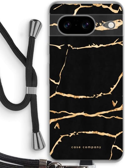 Case Company® - Hoesje met koord geschikt voor Google Pixel 8 hoesje met Koord - Gouden marmer - Telefoonhoesje met Zwart Koord - Bescherming aan alle Kanten en Over de Schermrand