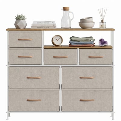 Ladekast / Dressoir voor Woonkamer, Slaapkamer & Hal – Opbergmeubels – Met 8 Stoffen Lades & Open Vak – Ruimtebesparend, Stabiel & Overzichtelijk - Metaal & MDF - Khaki / Wit - 100x30x84 cm