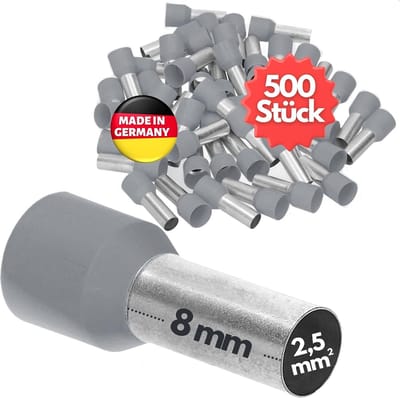 500 stuks Kalitec AE2508GR adereindhulzen geïsoleerd 2,5 mm² 8 mm lang grijs I Made in Germany I Industriële kwaliteit
