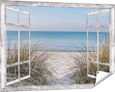 Gards Tuinposter Doorkijk Strand en Zee vanuit de Duinen - 120x80 cm - Tuindoek - Tuindecoratie - Wanddecoratie buiten - Tuinschilderij