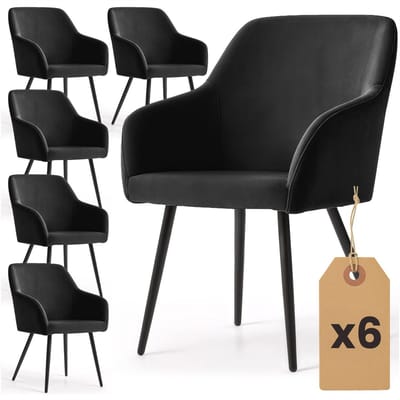 Set van 6 Eetkamerstoelen ESTELLE met Armleuningen / Gestoffeerde Stoelen / Fluwelen Stoelen en Metalen Poten / Zwart met zwarte benen