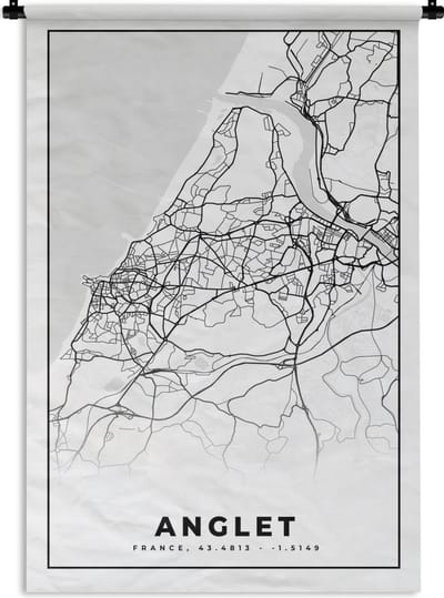 Wandkleed - Wanddoek - Anglet - Stadskaart – Plattegrond – Kaart – Frankrijk - Zwart wit - 120x180 cm - Wandtapijt