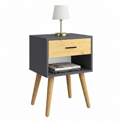 VCM Nachttisch mit Schublade und Ablagefach, 45 x 30 x 70 cm, Beistelltisch im Retro-Design mit Holzfüßen - Singol XL