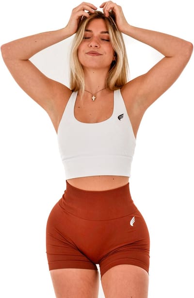Dames sportshort high waist – squatproof met scrunch – ademend & stretchy – geschikt voor fitness en yoga – DM Training Essentials Short (terracotta)