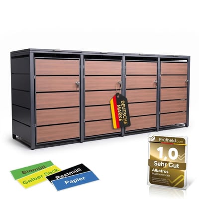 ALBATROS afvalcontainerbox voor 4 containers, houtlook, 120 l tot 240 l, voor vier containers, afvalcontainerbehuizing van gegalvaniseerd metaal met houtlook, afsluitbaar, weerbestendig, getest volgens ISO 9227, inclusief set stickers