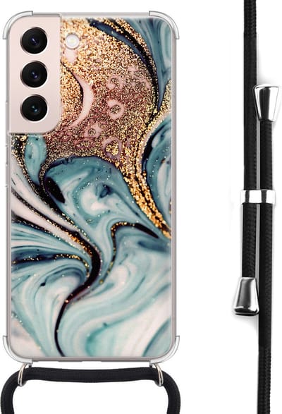 Hoesje met koord - Geschikt voor Samsung Galaxy S22 - Marmer blauw swirl - Verstelbaar zwart koord - Crossbody - Marmer - Transparant, Blauw, Goud - Leuke Telefoonhoesjes