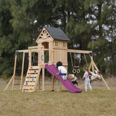 AXI Duncan Speeltoestel met Schommels, Klimrekken en Monkey Bars – Met Picknickbank - Paarse Glijbaan - FSC 100% – Speeltoren voor de tuin / buiten