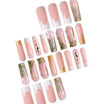 24 Stuks Strik & Bloem Nagelstickers Press-On Nagels, Geschikt Voor Vrouwen Meisjes Nagellak Kunst Decoratie