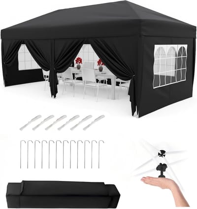 Opvouwbare 3x6m Partytent met 6 Zijwanden – Waterdicht & UV50+, in 3 Hoogtes Verstelbaar – Verstelbare Pop-up Luifel 420D Oxford met Draagtas – Zwart