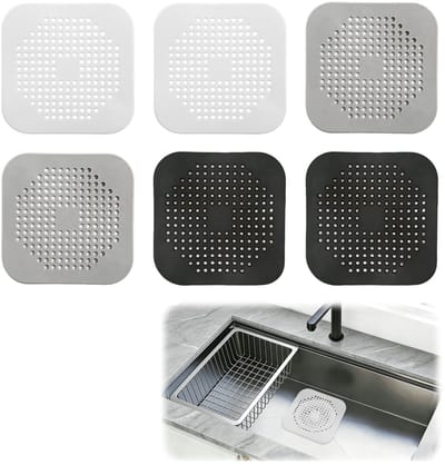 6-delige set siliconen afvoerbeschermers, keuken- en douchehaarfilter met zuignap, anti-verstoppingsrooster voor badkuip, gootsteen, afvoer, keuken, wasruimtes, 14,5 x 14,5 cm, zwart wit grijs