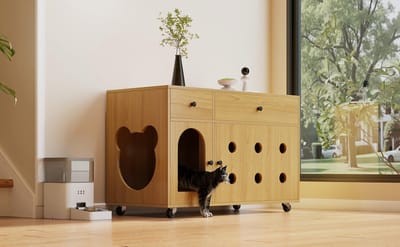 Verplaatsbare Kattenbak Kast (Zonder Kattenbak) - Kattenkast/Kattenhuis met Verwijderbare Zandloperplaat, Warmte-isolerend & Geurwerend, 100x45x66 cm (Natuurhout & Gele Esdoornkleur)