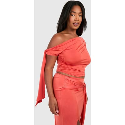 boohoo Dames Plus Tie Sleeve Asymmetrische Top | Oranje | Maat: 54