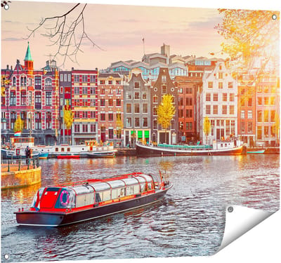 Gards Tuinposter Amsterdamse Huisjes vanaf de Grachten - 100x80 cm - Tuindoek - Tuindecoratie - Wanddecoratie buiten - Tuinschilderij