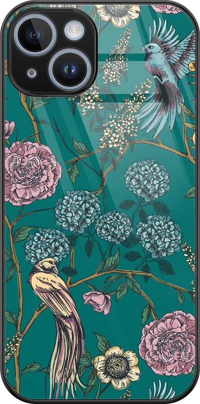 Hoesje geschikt voor iPhone 14 - Vogels Japanse bloemen - Luxe Hard Case - Planten - Groen - Mooie Telefoonhoesjes