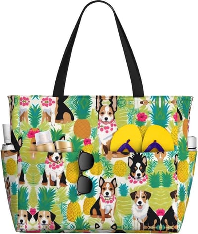 Strandtas Corgi Print - Grote Reistas - Strand Dagen - Met Rits En Zakken - 45 x 38 cm - Multicolor