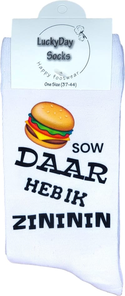 Zininin - Hamburger Sokken - Fastfood - Verjaardags cadeau vrouw en man - BBQ sokken - Valentijns cadeau - Witte sokken met tekst - grappige sokken - leuke dames en heren sokken - moederdag - vaderdag - Sokken waar je vrolijk van wordt - Maat 37-44