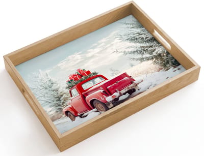 Dienblad hout 40x30 cm - Schootdienblad - Auto - Rood - Cadeaus - Winter - Sneeuw - Kerst - Borrelplank rechthoek - Plateau dienbladen