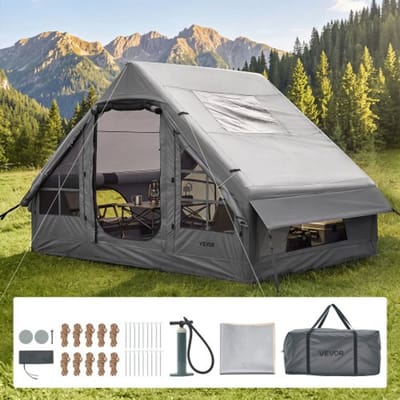 VEVOR Opblaasbare Tent Campingtent Luchttent 2-4 Personen met Pomp Grijs, voor Buitenactiviteiten Waterafstotend 420D Oxford Stof Dakraam Kachelpijp Opening Gaasraam & Draagtas