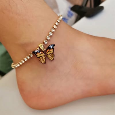 Enkelbandje met Vlinder voor Dames en Meisjes – Kleurrijk Bling Bling Enkelsieraad, Zomer Strand Feest Accessoire, Boho Enkelketting - Goud en geel