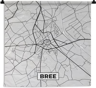 Wandkleed - Wanddoek - Zwart Wit – België – Plattegrond – Stadskaart – Kaart – Bree - 120x120 cm - Wandtapijt