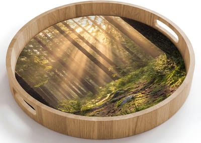 Dienblad rond 40x40 cm - Schootdienblad hout - Bos - Zonlicht - Gras - Borrelplank rechthoek - Plateau houten dienbladen