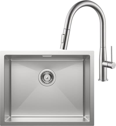 Auralum Max Spoelbak voor keuken 55x44cm - Spoelbak Keuken Met Keukenkraan Met Uittrekbare Uitloop - Spoelbakken met sifon en overloopset - Enkele spoelbakken RVS