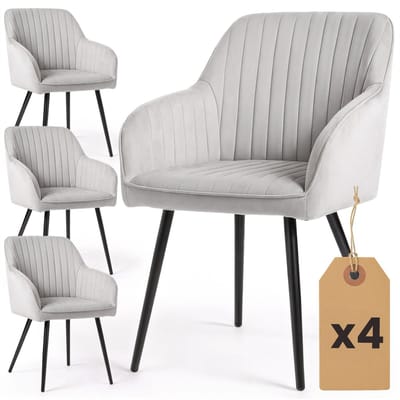 Set van 4 Eetkamerstoelen FLORENCE met Armleuningen / Gestoffeerde Stoelen / Fluwelen Stoelen en Metalen Poten / Grijs met zwarte benen