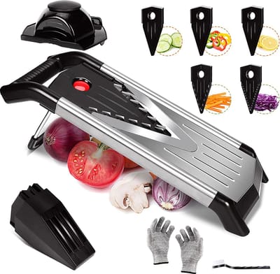 Vegetable Slicer - Verstelbare V-vormige Mes - Fruit Groentesnijder - Mandoline voor Komkommers Aardappelen - Handhandschoenen en Reinigingsborstels