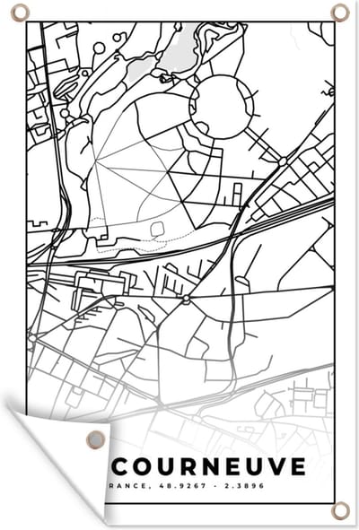 Muurdecoratie Stadskaart - Plattegrond - Kaart - Frankrijk - La Courneuve - Zwart wit - 120x180 cm - Tuinposter - Tuindoek