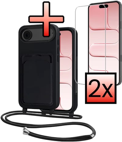 Hoes Geschikt voor iPhone Air Hoesje Pasjeshouder Cover Met Koord Case Siliconen Hoes Met Telefoonkoord en Kaarthouder Met 2x Screenprotector - Zwart