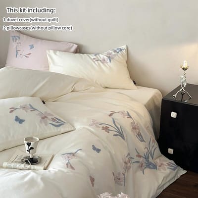 3-delige Elegante Geborduurde Orchidee Dekbedovertrek Set (1*Dekbedovertrek + 2*Kussensloop, Zonder Vulling), Kantborduurwerk Beddengoed Set 135x200cm 3pcs wit