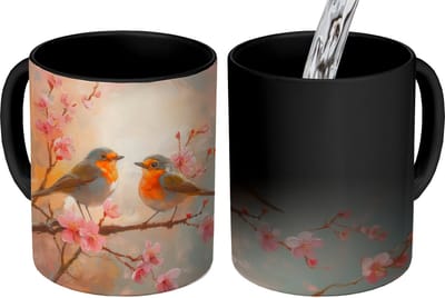 Magische Mok - Foto op Warmte Mokken - Koffiemok - Roodborstjes - Sierlijk - Bloesemtak - Magic Mok - Beker - 350 ML - Theemok