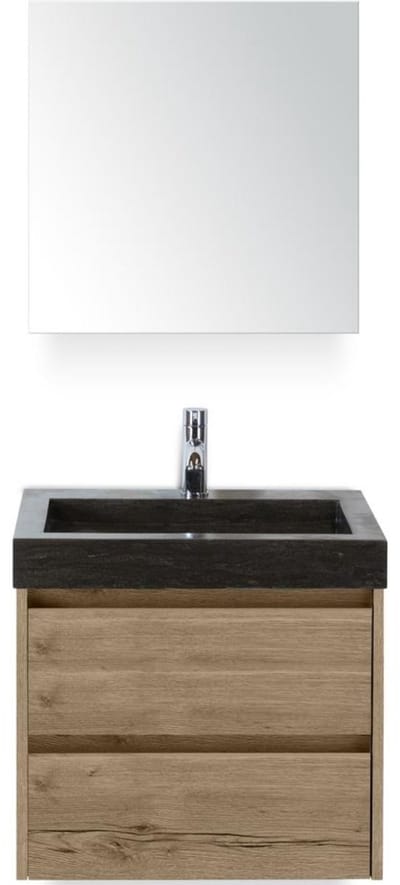 Dante Badmeubelset 60 cm - Natuur Eiken - Wastafel Hardsteen Wit Lucca met Spiegelkast