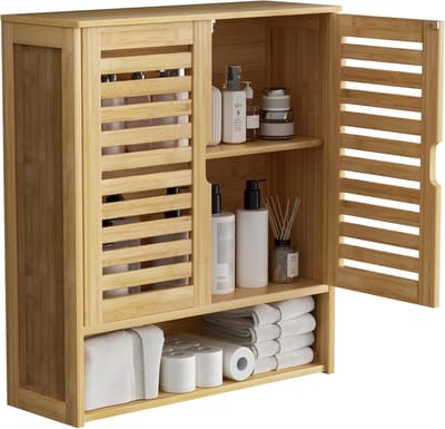 unho Badkamer Wandkast Opslag: Bamboe Geneeskunde Kasten Wandmontage Planken Over Toilet Opslag Organizer met 2 Deuren Verstelbare Plank Magnetisch Slot