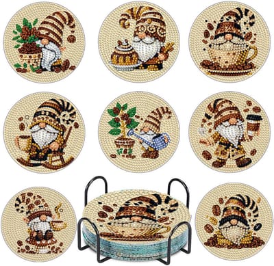 Namajunas - 8-delige Diamond Painting Onderzetters Set - Gnomes / Kabouters – Onderzettersset - met Houder en Kurk Onderleggers - Thermische isolatie - DIY Antislip Coaster Knutselpakket voor Volwassenen en Beginners - Perfect Cadeau