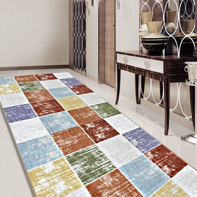 FLOORDIREKT Tapijt Loper Capera met Patroon - Op Maat Gemaakte Fijn Lus Tapijt Loper - Voor Keuken, Hal & Woonkamer - Rasterpatroon Kleurrijke - 80 x 100 cm